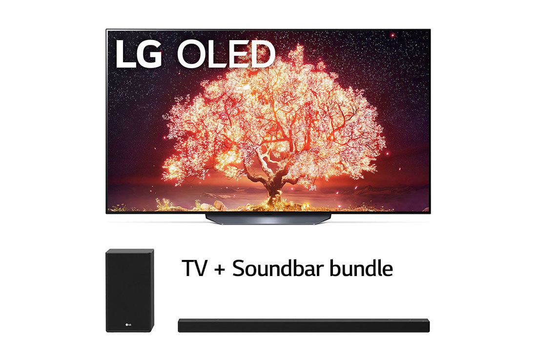 LG TV 65OLEDB1 & Soundbar SP9YA Bundle Offer, OLED65B1SP9 front view with infill + soundbar, OLED65B1SP9