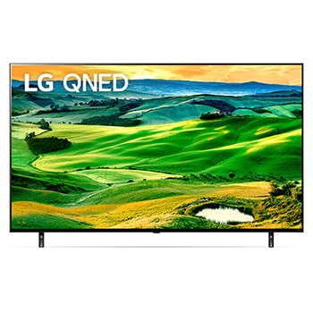 A front view of the LG QNED TV with infill image and product logo on1