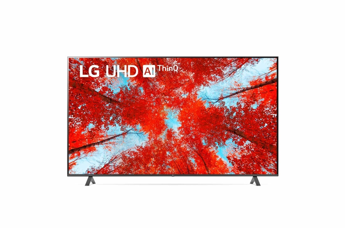LG UHD TV UQ90 75 inch 4K Smart TV with AI Sound Pro, A front view of the LG UHD TV with infill image and product logo on, 75UQ9000PSD