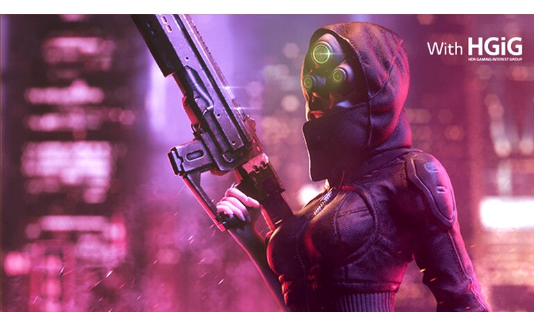 An image shows a woman holding a gun, wearing a full-covered face mask. A left half of image is pale with less color, and right half of image is relatively more colorful.