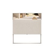 LG Objet Collection – Easel 65'' 4K OLED, Easel seen from the front in Line View, displaying Clock Mode with a beige architectural theme., 65ART90ESQA, thumbnail 1