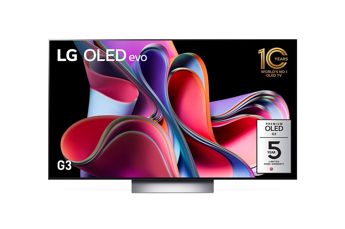 LG G3 77 inch OLED evo TV with Self Lit OLED Pixels, Front view with LG OLED evo, 10 Years World No.1 OLED Emblem, and 5-Year Panel Warranty logo on screen, OLED77G3PSA