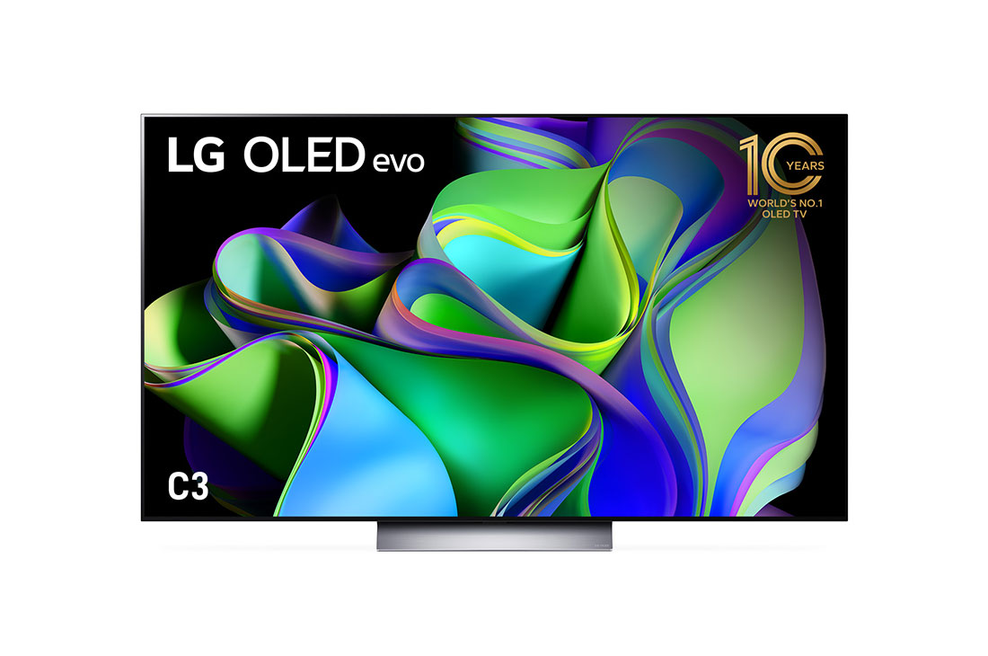 LG OLED Evo C3 77 inch 4K Smart TV Self Lit OLED Pixels, Front view with LG OLED evo and 10 Years World No.1 OLED Emblem on screen, OLED77C3PSA