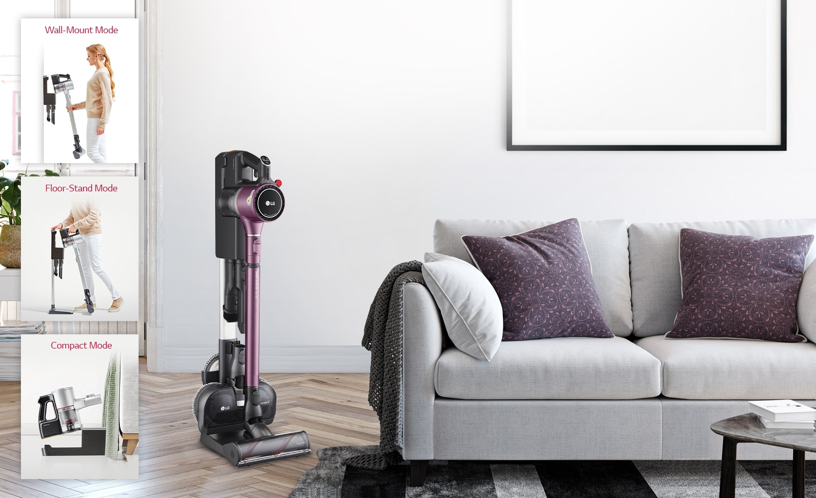 Three images show the vacuum cleaner in the charging stand in various locations: the first has the charging stand next to a couch, the second it is next to a desk, and the third it is next to a bed.