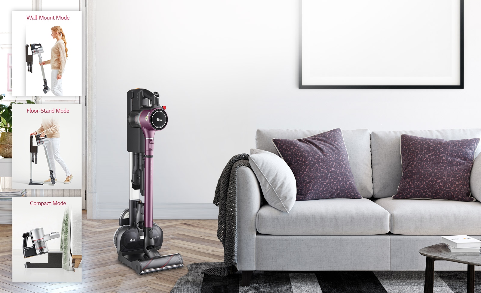 Three images show the vacuum cleaner in the charging stand in various locations:  the first has the charging stand next to a couch, the second it is next to a desk, and the third it is next to a bed.