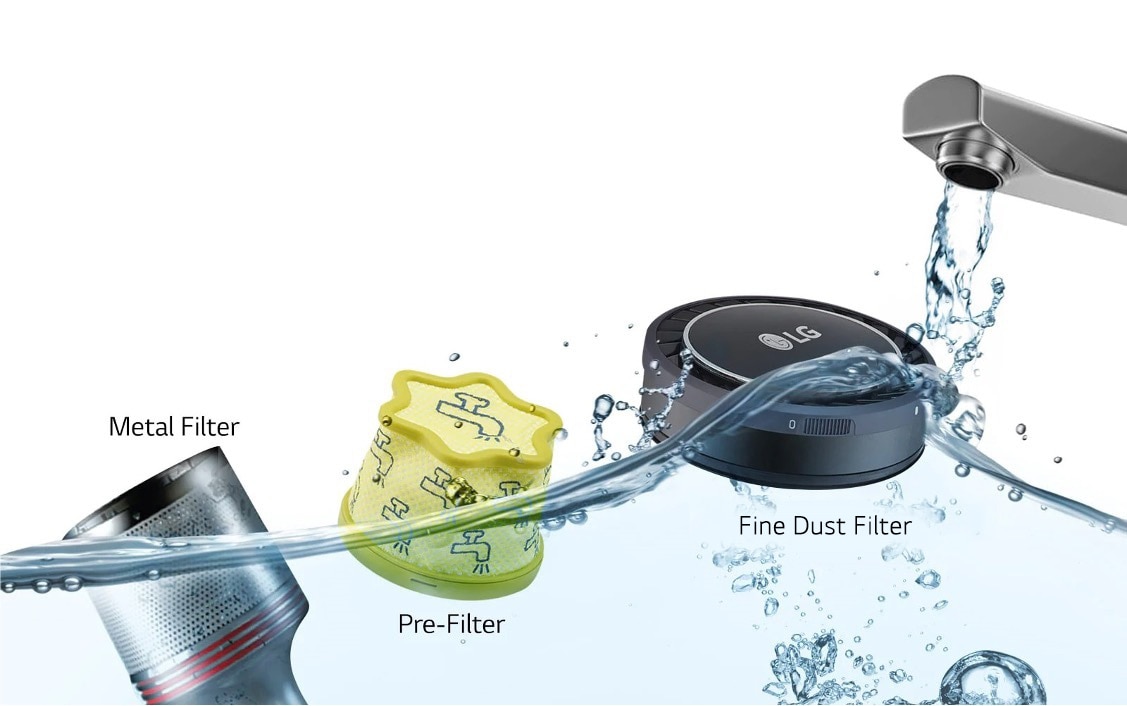 A faucet is shown running and water fills half of the photo to show the ease of cleaning the three objects that make up the filter and cyclone system of the handstick vacuum cleaner that are floating.