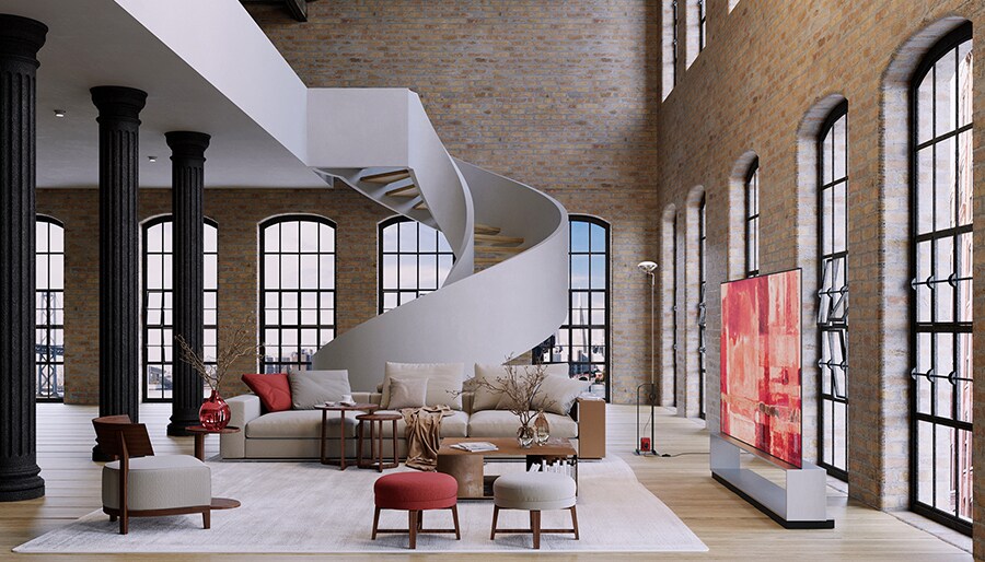 LG SIGNATURE OLED 8K is placed in the living room of the brick warehouse style with Flexform's furnishing items.