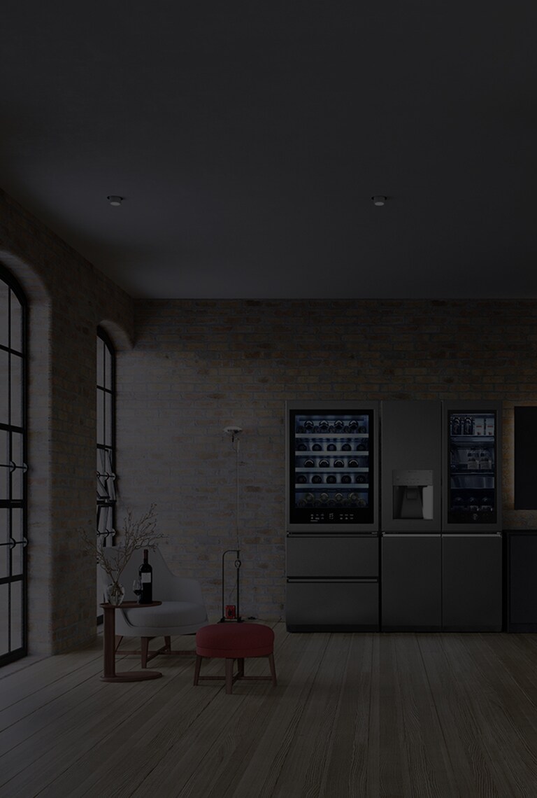 LG SIGNATURE Refrigerator and Wine Cellar are placed in the kitchen of the brick warehouse style with Flexform's furnishing items.