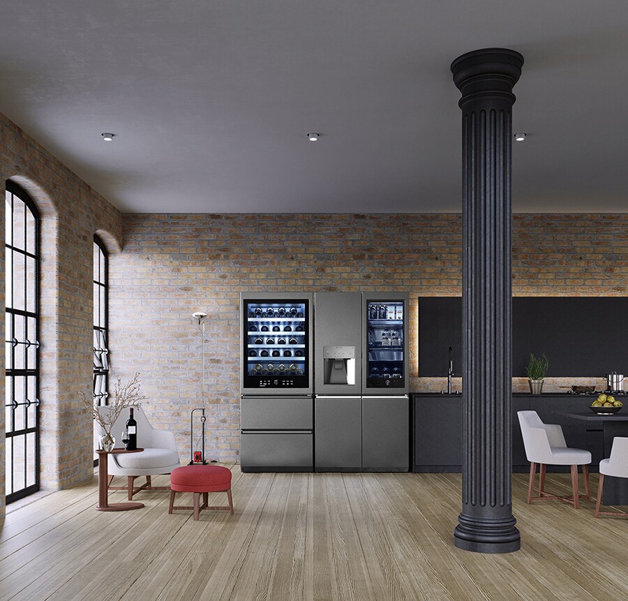 LG SIGNATURE Refrigerator and Wine Cellar are placed in the kitchen of the brick warehouse style with Flexform's furnishing items.