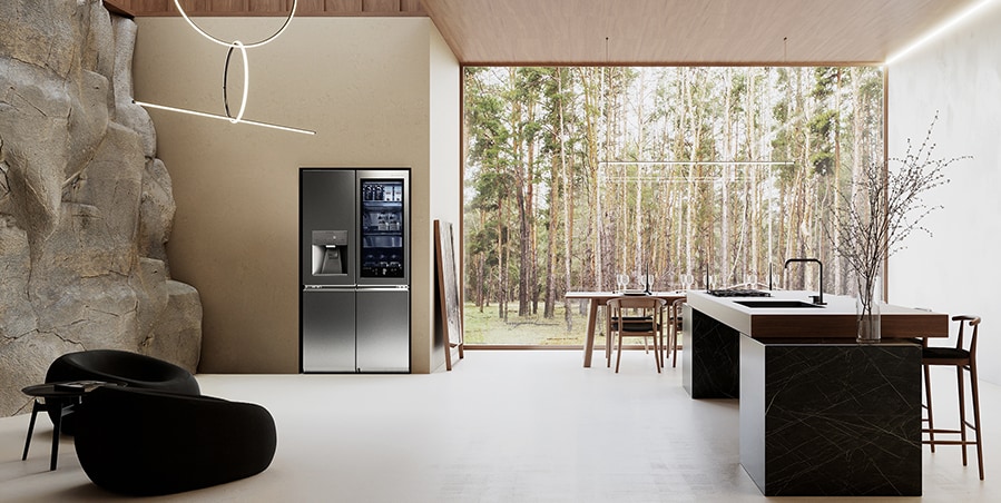 LG SIGNATURE Refrigerator is placed on the natural kitchen in harmony with B&B Italia’s bull table.