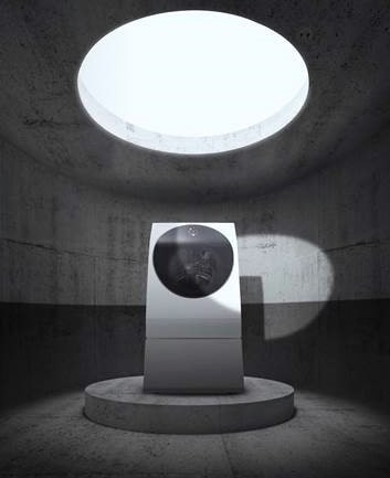 a black and white image of lg signature washing machine which is laid on the right middle of the architectural space with a sun light coming from the ceiling