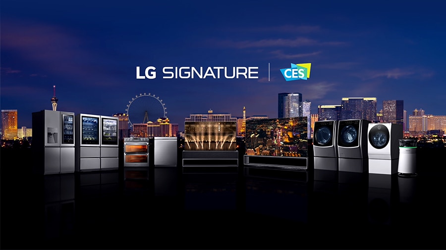 All of LG SIGNATURE products displayed across a night city view of Las Vegas.