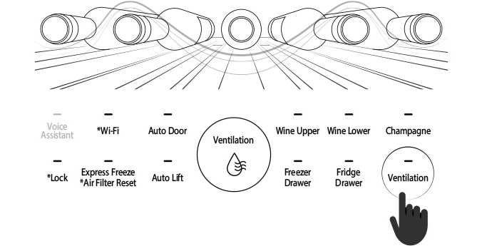 The illustration showing a finger icon pressing the 'Ventilation' option on LG SIGNATURE Wine Cellar glass touch display.
