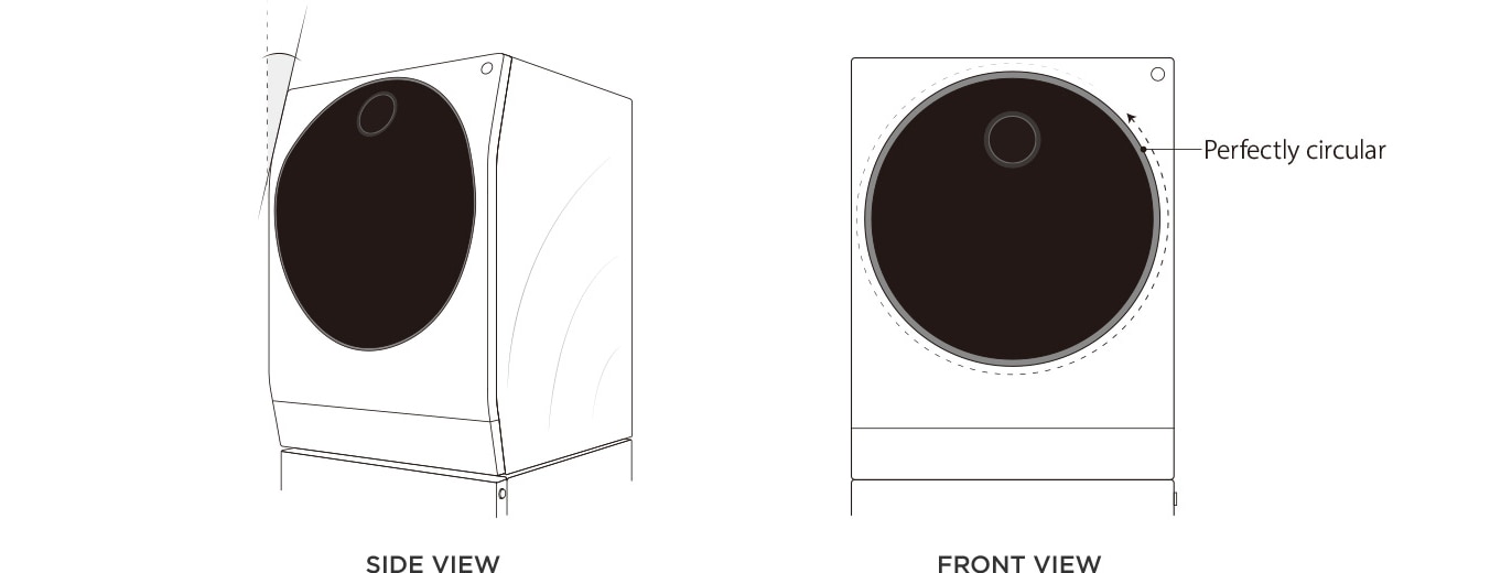 Side and front view of LG SIGNATURE Washing Machine that shows its stylish circular shaped door