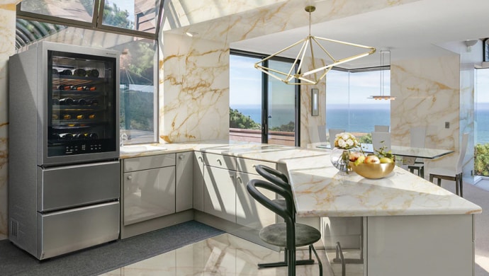 LG SIGNATURE Wine Cellar within a marble kitchen