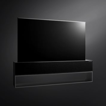 Several Rollable OLED TV's arranged one in front of another at various stages of roll out.