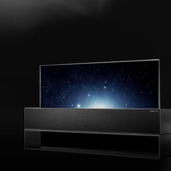Several Rollable OLED TV's arranged one in front of another at various stages of roll out. (Image that appears when you hover the mouse over it)