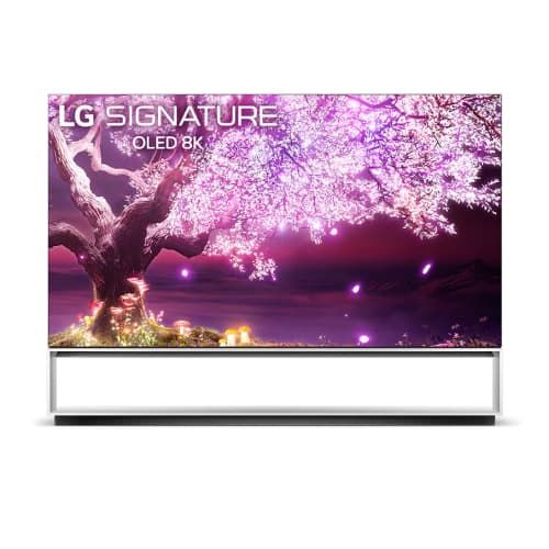 Front view of an LG SIGNATURE OLED TV  with a glowing tree on the screen. 