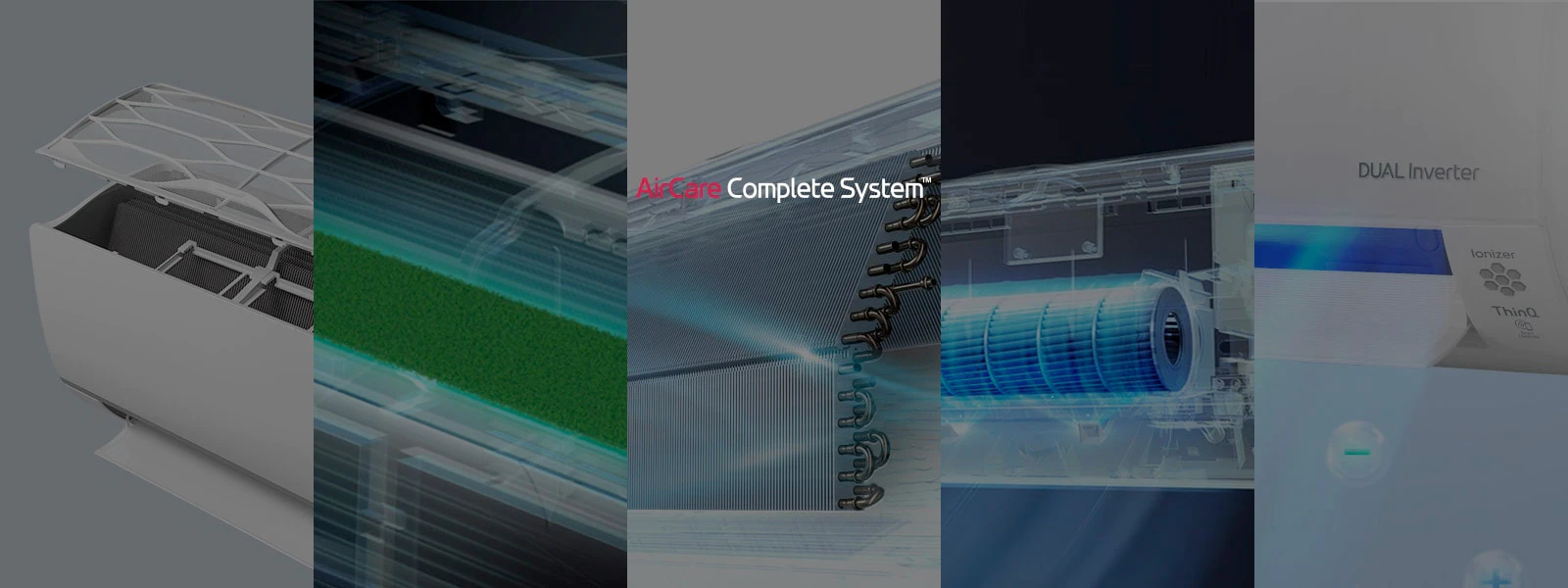There is a collage of five images showing the interior filters of the AirCare Complete System. Reads AirCare Complete System at the center top. There are 11 circles and a play/pause button indicating the images can change.