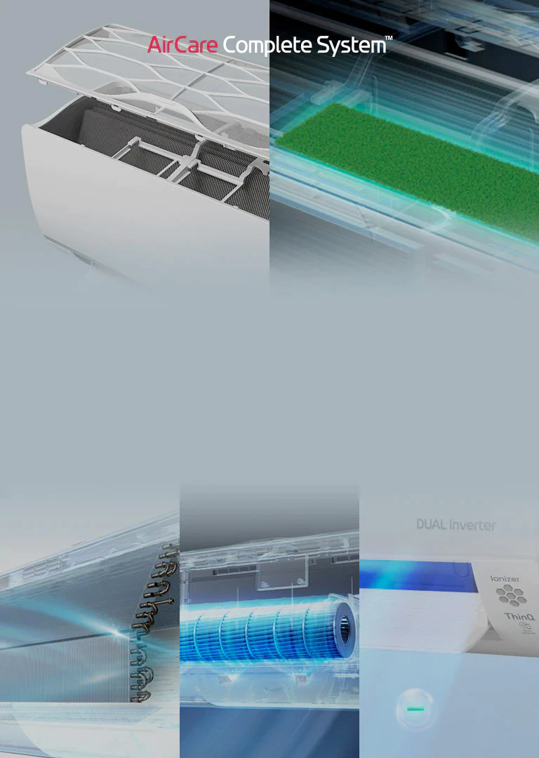 There is a collage of five images showing the interior filters of the AirCare Complete System. Reads AirCare Complete System at the center top. There are 11 circles and a play/pause button indicating the images can change.