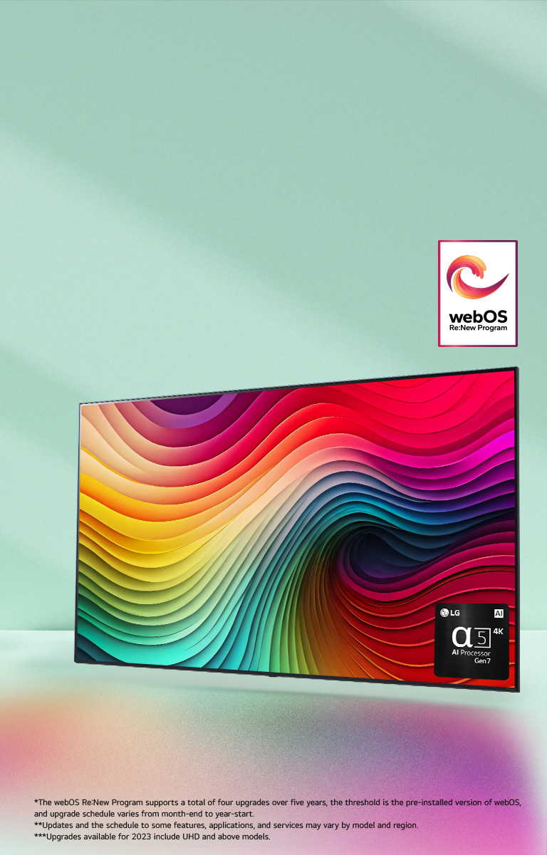 LG NanoCell TV against mint green backdrop with multi-colored swirls artwork on display and picture of alpha 5 AI Processor Gen 7 in bottom right corner. Light radiates, casting colorful shadows below. The "webOS Re:New Program" logo is in the image. A disclaimer reads: "The webOS Re:New Program supports a total of four upgrades over five years, the threshold is the pre-installed version of webOS, and upgrade schedule varies from month-end to year-start." "Updates and the schedule to some features, applications, and services may vary by model and region."  "Upgrades available for 2023 include UHD and above models."