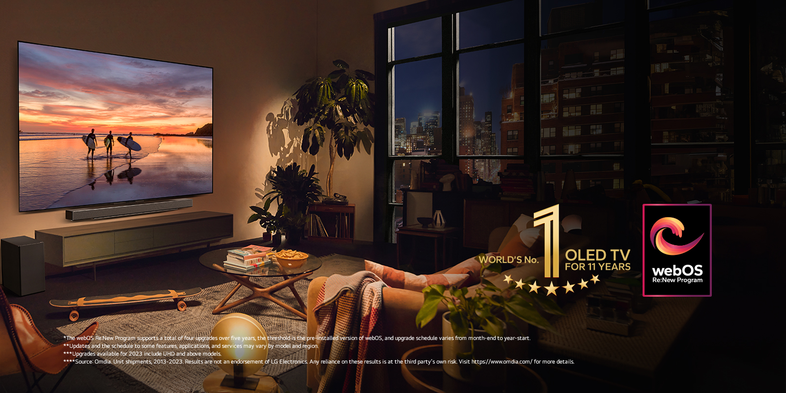 LG OLED evo C4 TV mounted on the wall of a cosy evening living room and an LG soundbar mounted just below it. On the TV, a beach at sunset with silhouttes of three surfers is displayed. Two women sit on the sofa facing and leaning towards the TV and soundbar. The "World's number 1 OLED TV for 11 Years" emblem and the "webOS Re:New Program" logo are in the image. A disclaimer reads: "The webOS Re:New Program supports a total of four upgrades over five years, the threshold is the pre-installed version of webOS, and upgrade schedule varies from month-end to year-start." "Updates and the schedule to some features, applications, and services may vary by model and region."  "Upgrades available for 2023 include UHD and above models." "Source: Omdia. Unit shipments, 2013 to 2023. Results are not an endorsement of LG Electronics. Any reliance on these results is at the third party’s own risk. Visit https://www.omdia.com/ for more details."