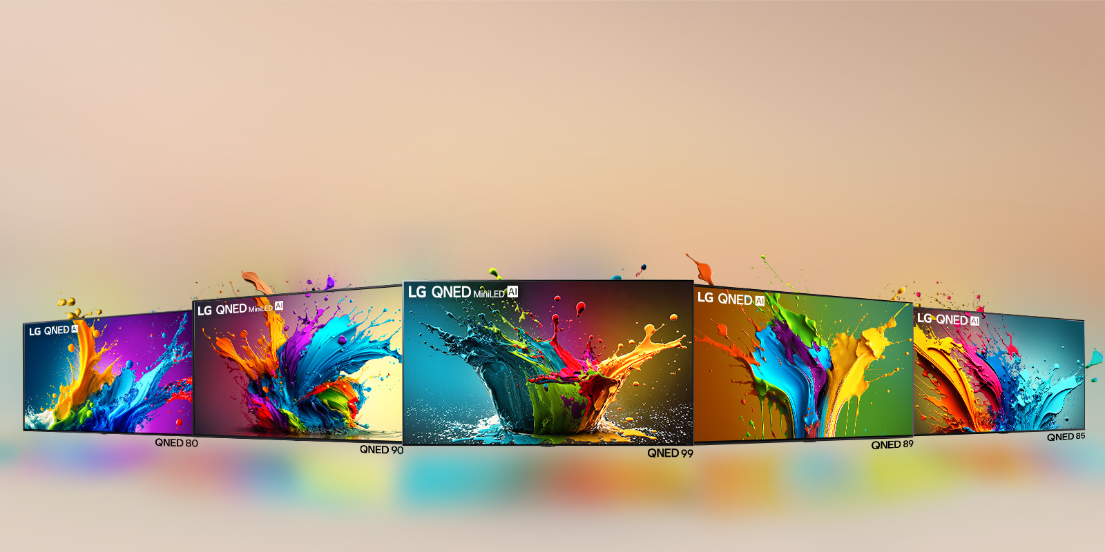 LG QNED 80, QNED 90, QNED 99, QNED 89, and QNED 85 TV standing side by side in an angled line with QNED 99 TV facing forward and the others at a 45 degree angle. Colorful droplets and waves of paint explode out of each screen, and light radiates, casting colorful shadows below.