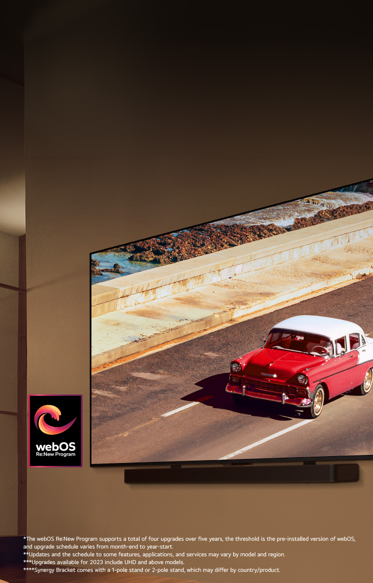 LG QNED TV and Soundbar mounted on a wall in a softly lit room. On the TV, a red vehicle on the road is displayed. The "webOS Re:New Program" logo is in the image. A disclaimer reads: "The webOS Re:New Program supports a total of four upgrades over five years, the threshold is the pre-installed version of webOS, and upgrade schedule varies from month-end to year-start." "Updates and the schedule to some features, applications, and services may vary by model and region."
