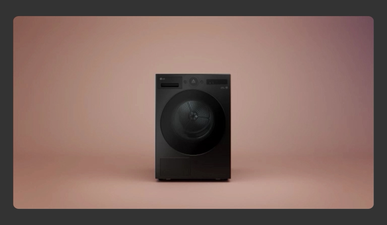 An LG dryer is placed at the center of a minimalistic and bright space.
