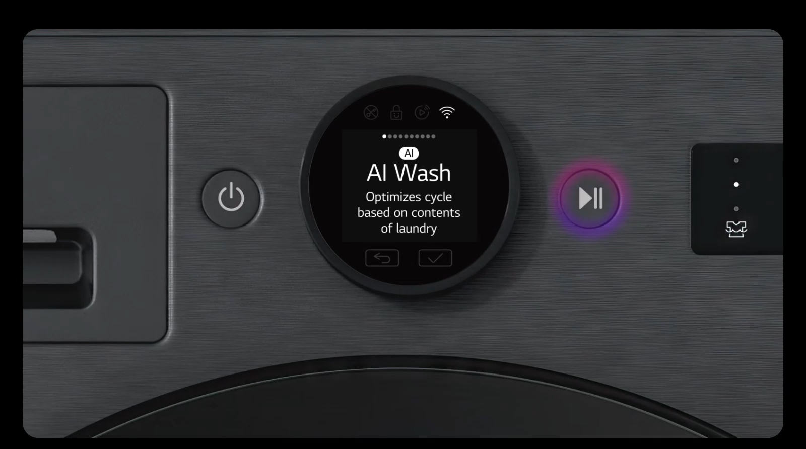 A close-up image of the LG washing machine control panel highlights the operation buttons with a glowing effect.