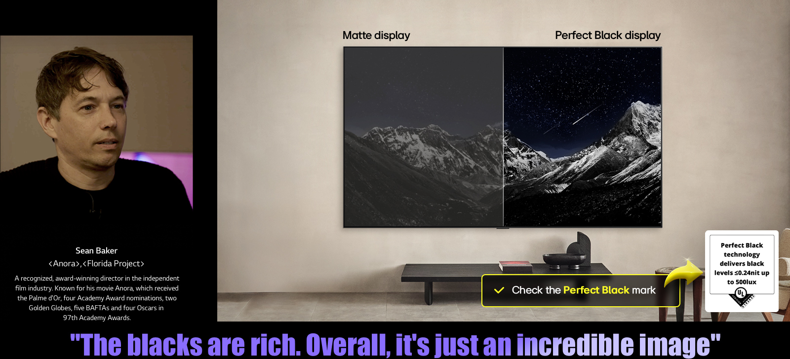 Wall-mounted LG OLED TV. On its screen is a mountain range against an evening sky filled with stars. The screen is split in half. On one end labeled Non Perfect Black display, the colors are dull and gray, the stars are hardly visible. On the other end labeled Perfect Black display, the blacks are deep and dark, the stars are bright and white, resulting in a very pleasing picture with high contrast.