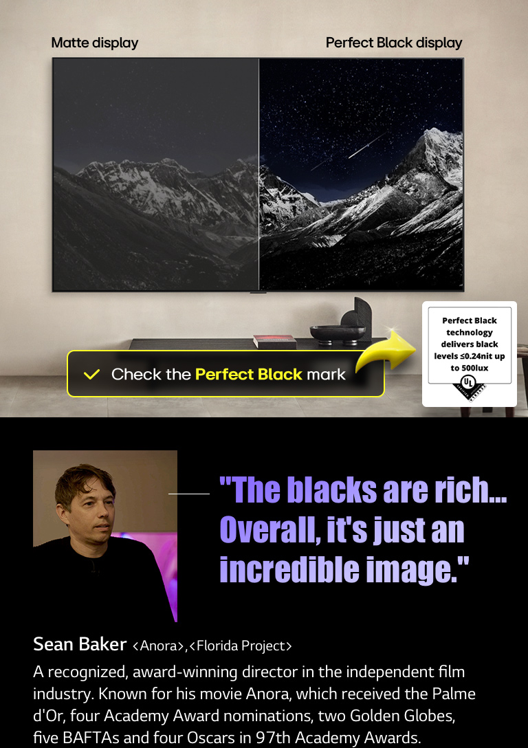 Wall-mounted LG OLED TV. On its screen is a mountain range against an evening sky filled with stars. The screen is split in half. On one end labeled Non Perfect Black display, the colors are dull and gray, the stars are hardly visible. On the other end labeled Perfect Black display, the blacks are deep and dark, the stars are bright and white, resulting in a very pleasing picture with high contrast.