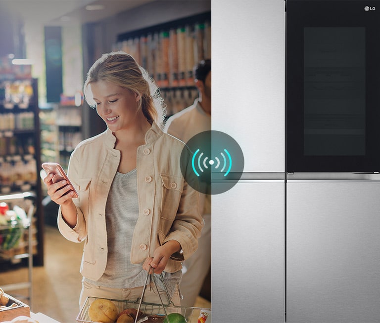 Image on the left shows a woman standing in a grocery store looking at her phone. Image on the right shows the refrigerator front view. In the center of the images is an icon to show connectivity between the phone and refrigerator.
