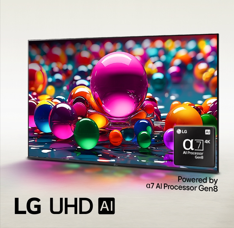 LG UHD TV sits slightly angled facing left and depicts colorful marbles placed in different colors of pink, blue and purple. The alpha 7 AI Processor Gen8 logo is embedded in the bottom right corner of the TV. Logo of LG UHD AI sits on the bottom left corner. Text is also visible, powered by alpha 7 AI Processor Gen8.
