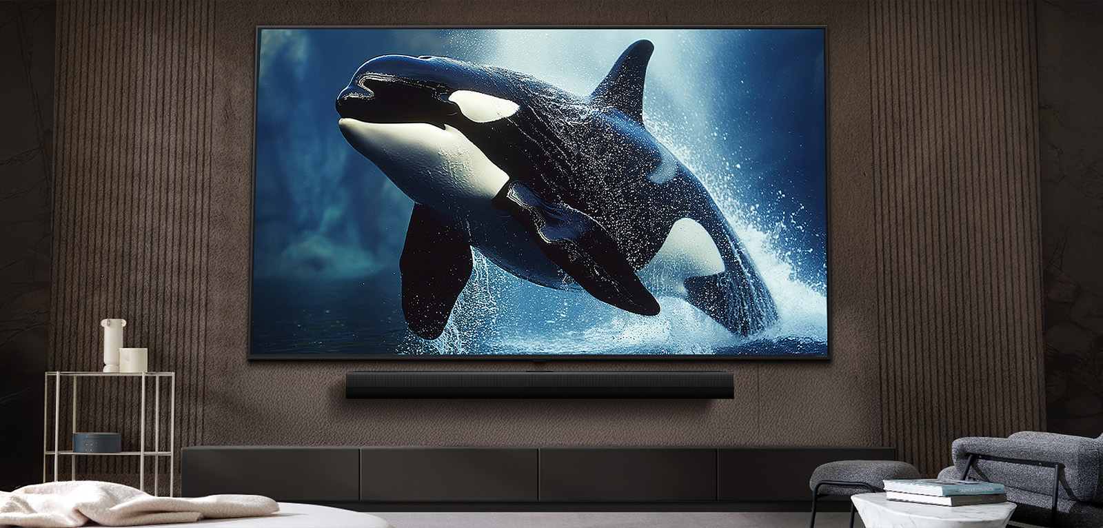 LG TV with an impressively large screen mounted on a wall above a LG Soundbar in a modern style living room.
