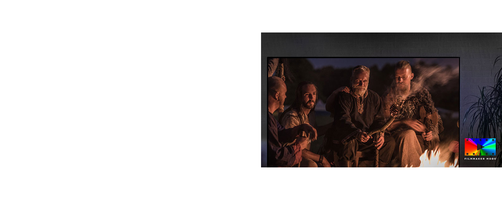 A scene of a fantasy movie on a TV screen and filmmaker mode logo