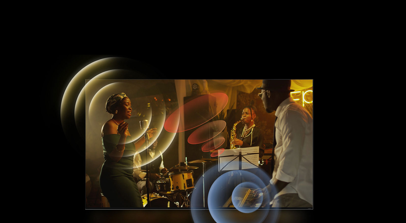 LG TV showing musicians performing, with bright circle graphics around the space. 