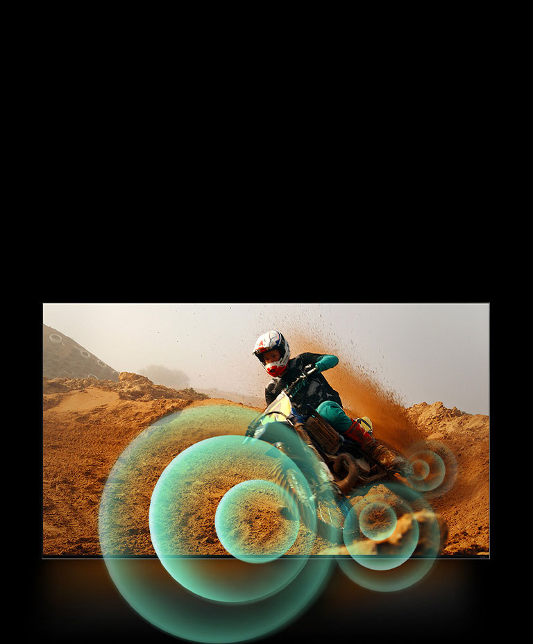 An image of a man riding a motorbike on a dirt track with bright circle graphics around the motorbike.