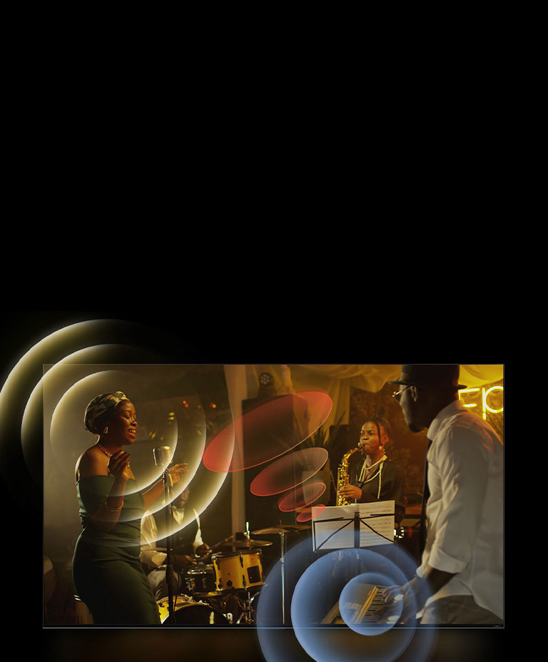 LG TV showing musicians performing, with bright circle graphics around the space. 