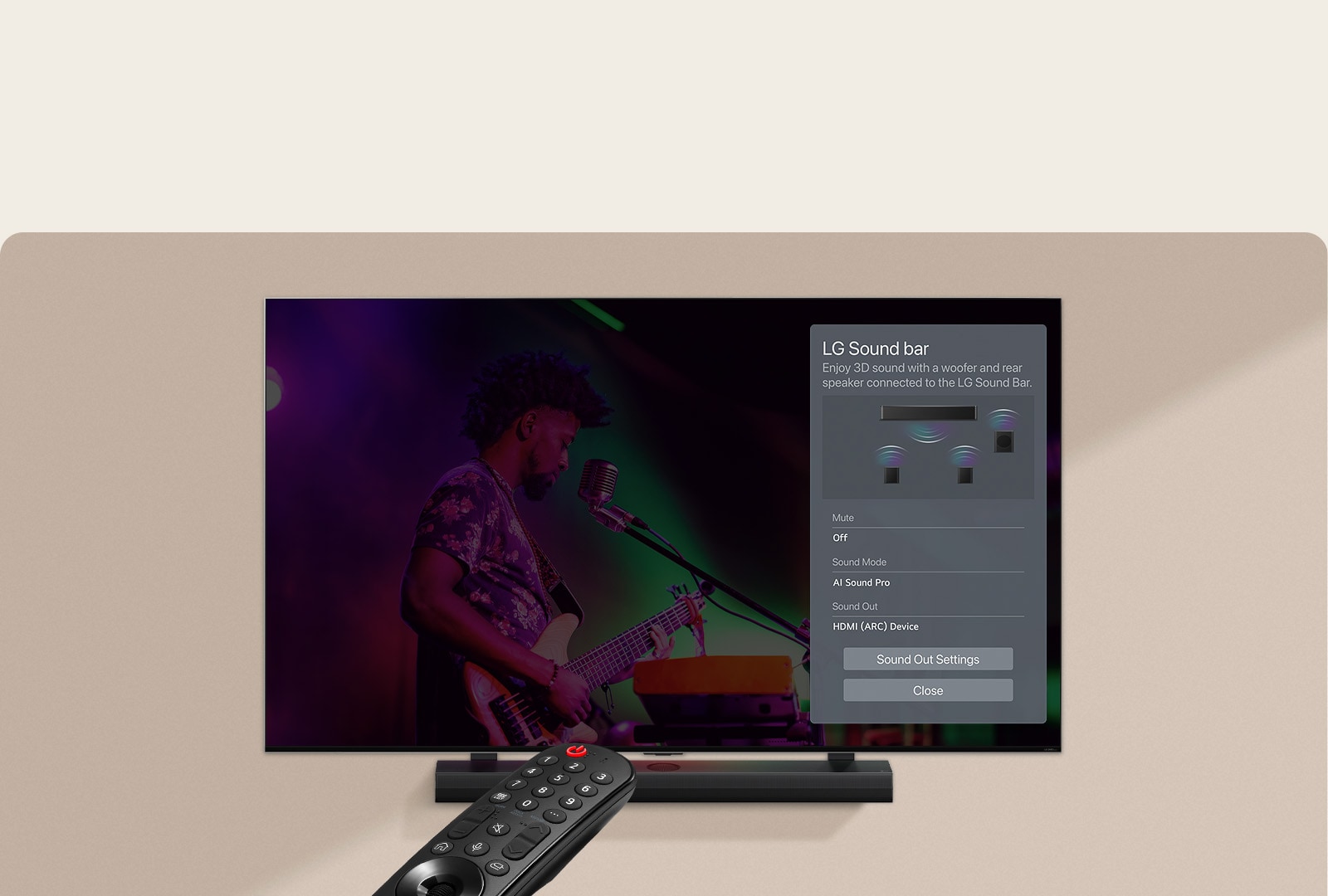 A remote control pointed at an LG TV showing settings on the right side of the screen.