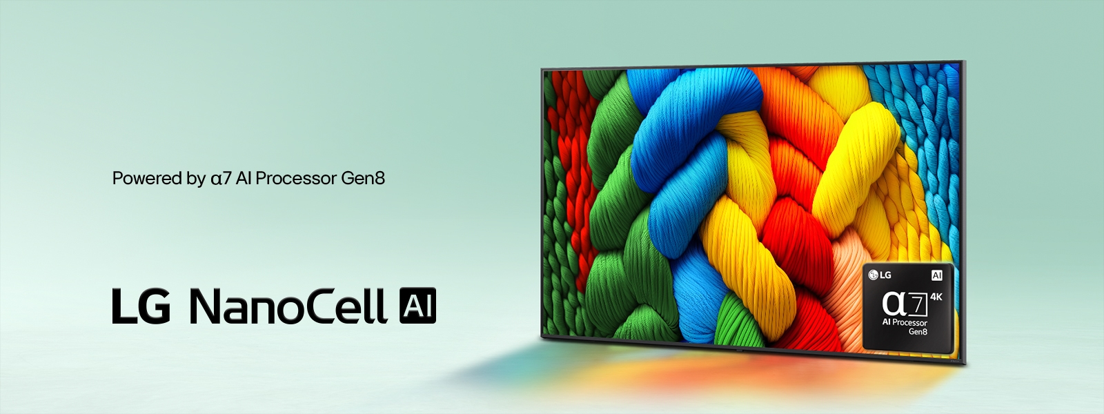 LG NanoCell TV sits slightly angled facing left and depicts colorful threads. The alpha 7 4K AI Processor logo is embedded in the bottom right corner of the TV. The background is a light teal gradient. 