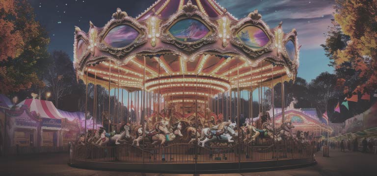 A faded carousel is washed with a wave of colors, resulting in a sharper visualization of a brightly lit colorful carousel. 