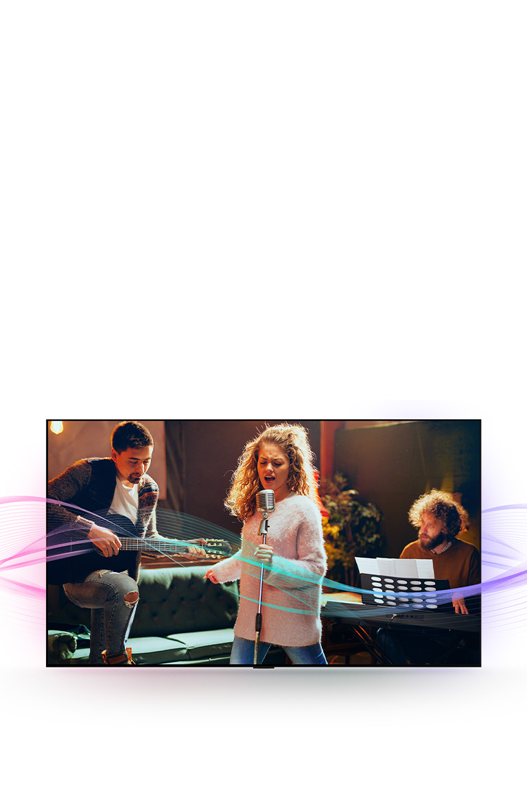A man playing guitar, a woman singing into a mic, and a man playing the piano are pictured. Soundwaves which are coming from them are seen to show sound emission and how sound quality is enhanced with Al Clear Sound.