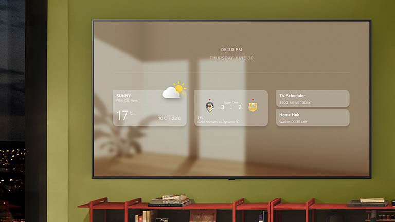 The information board is shown on a wall-mounted LG TV. Different functionalities are shown from weather updates, sports alerts, TV scheduler, Home Hub, and Google Calendar.