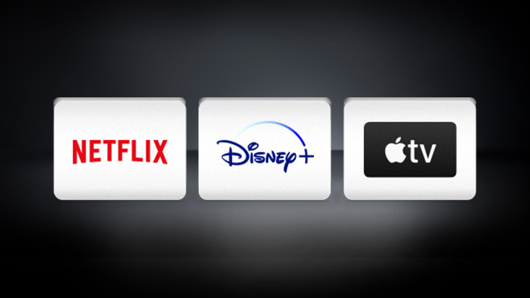 The Disney+ logo, the Apple TV logo are arranged horizontally in the black background.