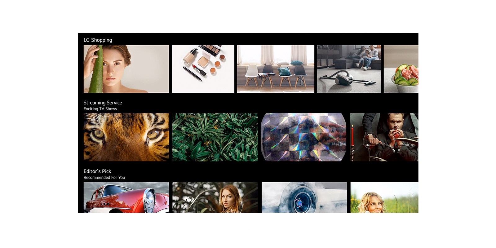 A TV screen showing various contents listed and recommended by LG ThinQ AI