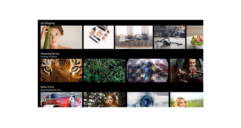 A TV screen showing various contents listed and recommended by LG ThinQ AI