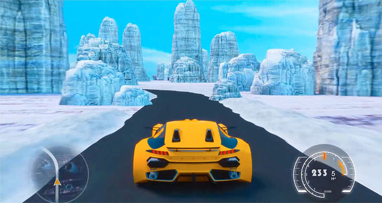 A scene showing a racing game on a TV screen (play the video).