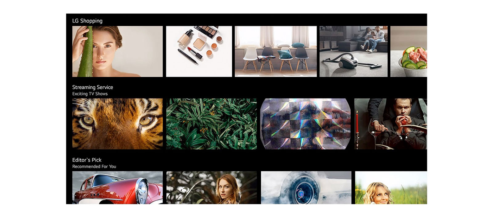 A TV screen showing various contents listed and recommended by LG AI ThinQ