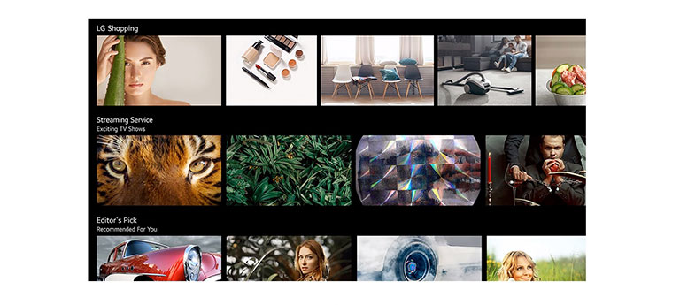 A TV screen showing various contents listed and recommended by LG AI ThinQ